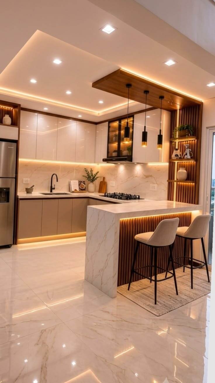 Home Modern luxury modular kitchen design with profile lighting and custom cabinetry in Indirapuram Ghaziabad