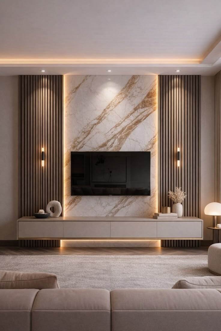Home Luxury living room interior featuring custom charcoal fluted wall panels and modern TV unit in Vasundhara