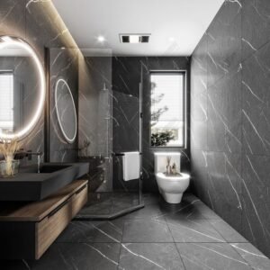 Luxury modern bathroom interior design featuring high-gloss marble tiles and a floating vanity in Ghaziabad