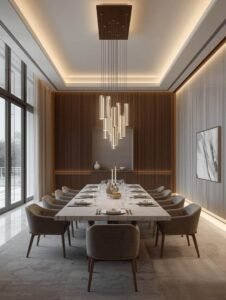 Luxury open plan dining room interior design with a marble table and modern ceiling lighting in Vaishali Ghaziabad